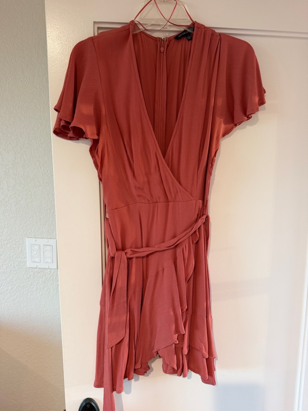Cotton Candy Rust-Red Wrap Mini Dress with Flutter Sleeves